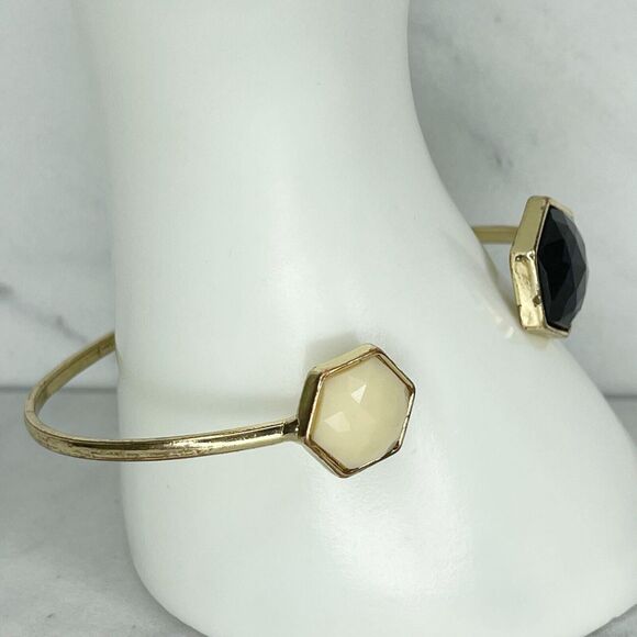 Gold Tone Black and White Geometric Cuff Bangle Bracelet - Picture 3 of 8